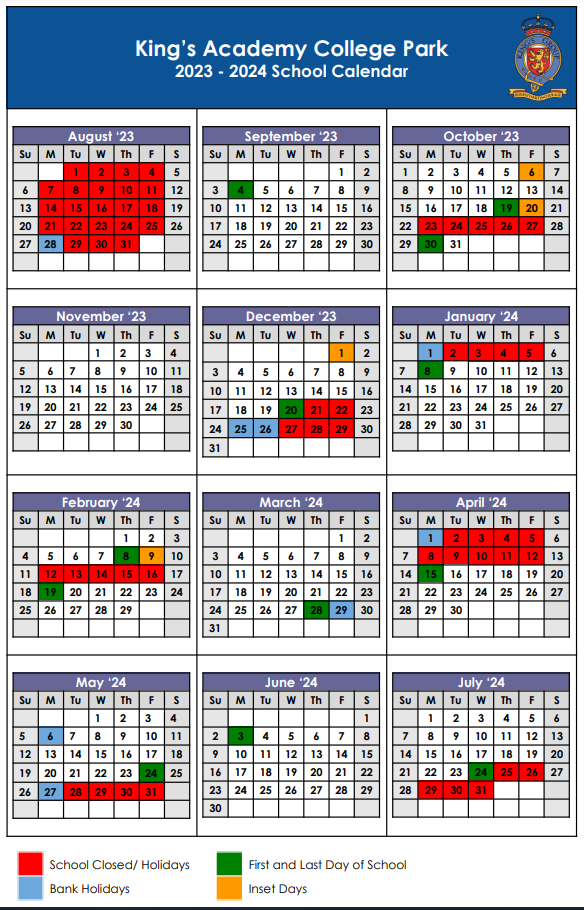 King's Academy College Park School Calendar